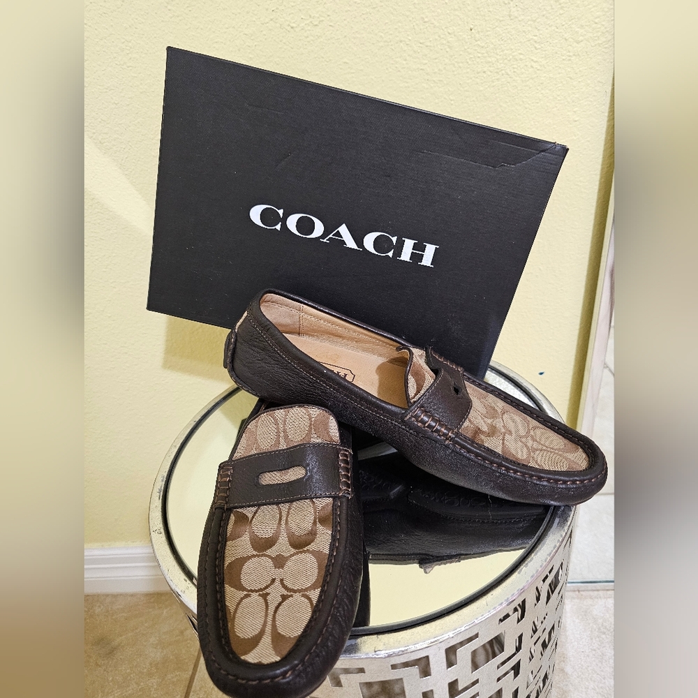 COACH Men's Brown Logo Canvas Penny Loafers with Dark Brown Trim